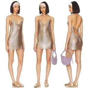 NEW! H:ours- Cowl Neck Gold Imogen Chainmail Mini Dress One Size NWT Party OS